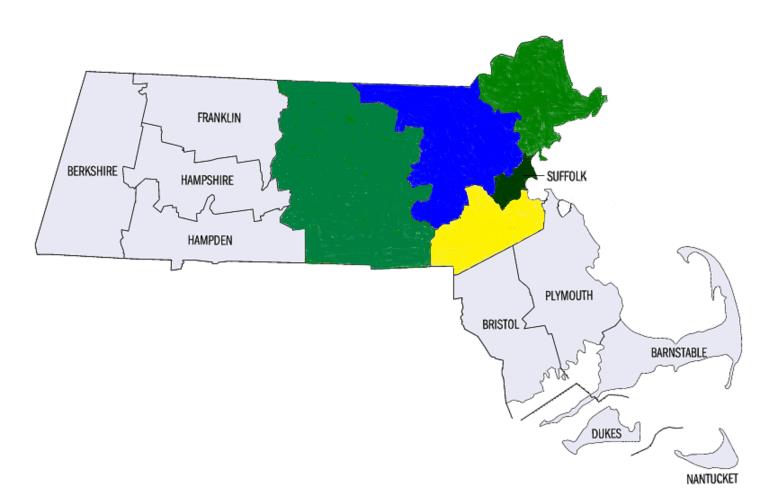 Map of Massachusetts for roof snow removal and shoveling.